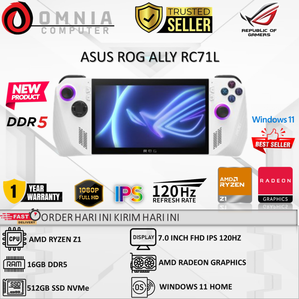 Jual Asus Rog Ally Rc71l Amd Z1 16gb Ddr5 512gb Fhd Ips 120Hz Windows ...