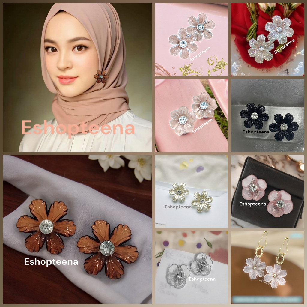 Jual A188 anting hijab juntai peniti / jepit / klip bunga transparan ...