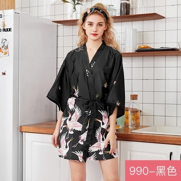 FG Kimono Panjang Dan Pendek Bahan Satin Premium Motif Flamingo Baju Tidur Pengantin BD08 09