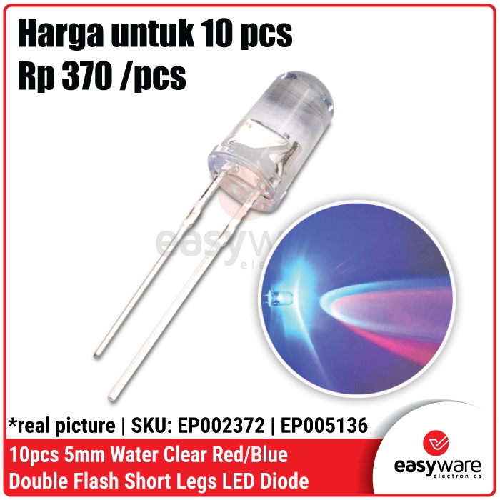 Jual 10x 5mm Water Clear Red/Blue Double Flash Short Legs LED Diode LED ...