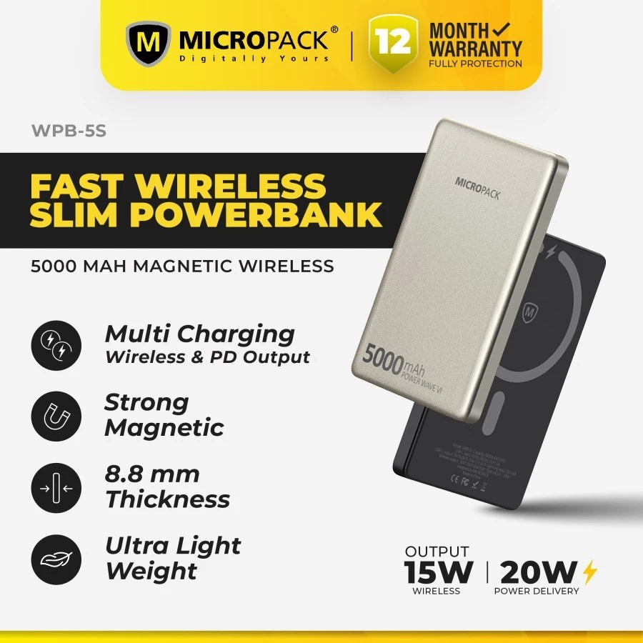 MICROPACK POWER BANK WIRELESS MAGNETIC 5000 MAH SLIM, USB C & LIGHTNING INPUT - POWER WAVE VI - BLACK (WPB-5S)