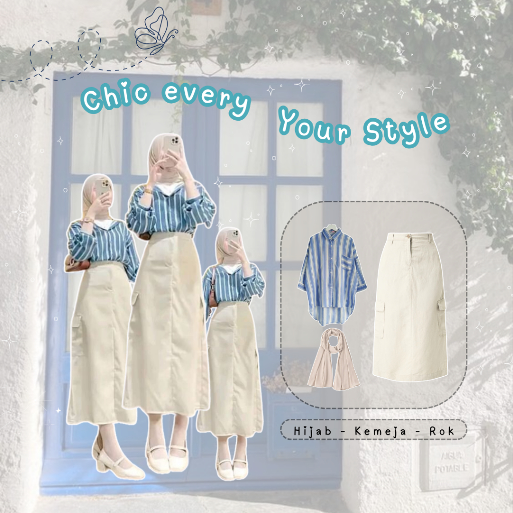 Jual One Set Korean Style 3 In 1 Set Kemeja Stripe Wanita Kekinian Rok ...