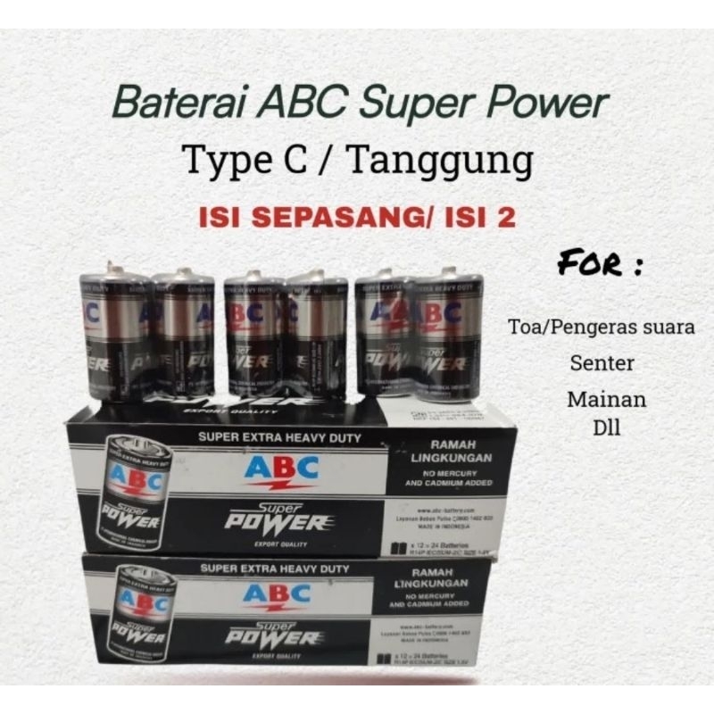 Jual Baterai ABC Super Power Size C / R14 1.5 Volt isi 2 pcs | Shopee ...