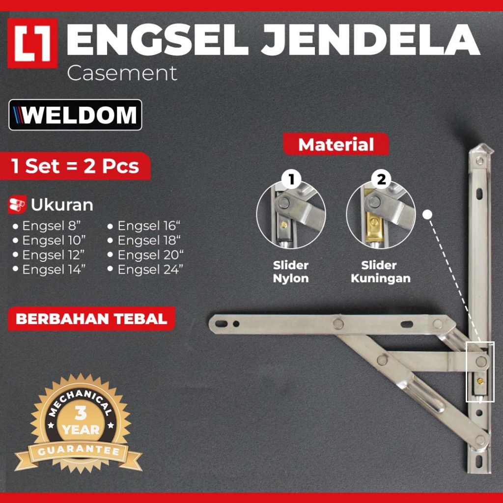WELDOM Engsel Jendela Casement Aluminium Kecil/Besar 8,10,12,14,16,18,24" Inch