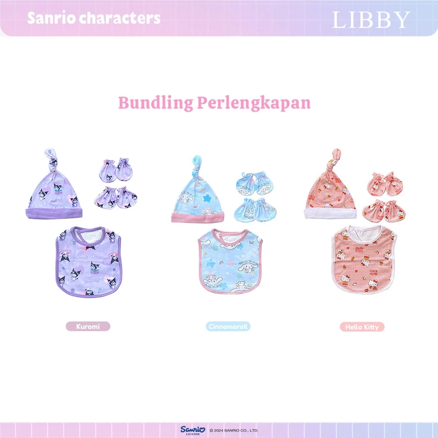 LIBBY Sanrio Bundling Perlengkapan Bayi Kuromi Cinnamoroll Hello Kitty (3 Pcs) Bedong | Sarung Tangan & Kaki Bayi | Topi Tali | Slaber (PAKET 3 ITEM CINNAMON ROLL)