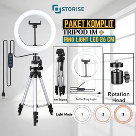 STORISE Paket Komplit Ring Light 26cm Tripod 1 Meter Stand Hp Make Up Vlog Lampu Ringlight