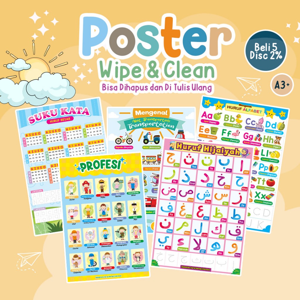 Jual Poster Anak Belajar Huruf Hijaiyah / Alfabet / Angka / Hewan WIPE ...
