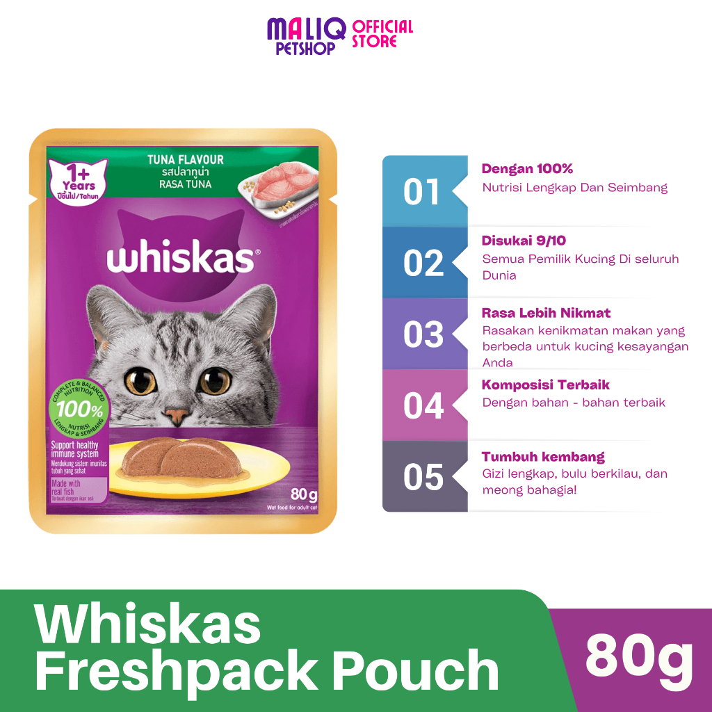 Jual Makanan Kucing Basah Whiskas Pouch Dewasa Rasa Tuna - 80g | Shopee ...