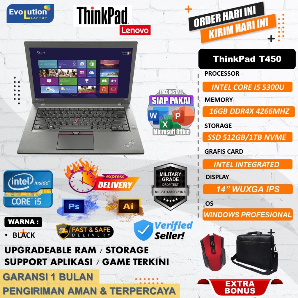 Jual Laptop Lenovo Thinkpad T450 INTEL I5 5300U Ram 16GB 512GB SSD 14.0 ...