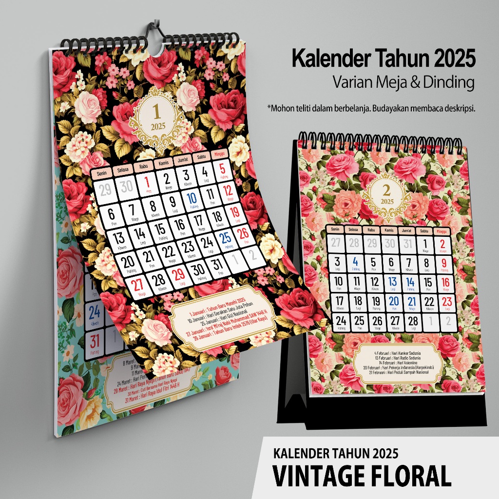 Jual KALENDER 2025 𝗩𝗜𝗡𝗧𝗔𝗚𝗘 𝗙𝗟𝗢𝗥𝗔𝗟 Bunga Shabby Dinding A4 dan Meja A5