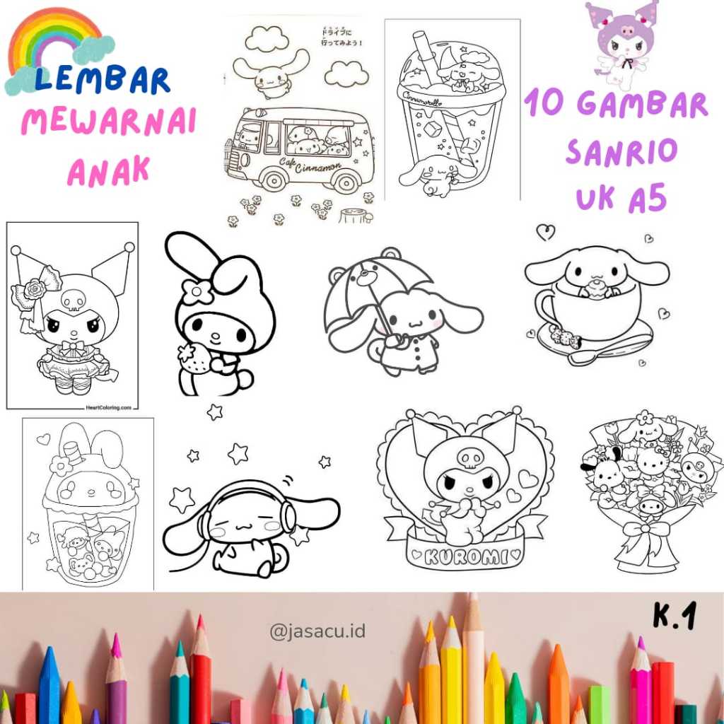 Jual 10 LEMBAR KERTAS MEWARNAI ANAK UKURAN A5 SANRIO KUROMI MELODY ...