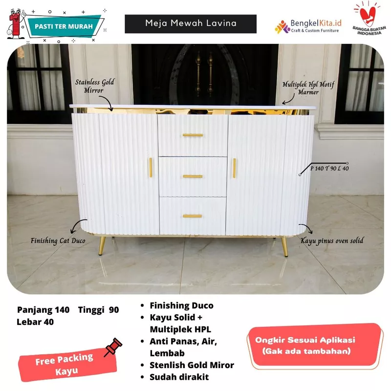 Meja TV Aesthetic Meja Buffet TV Kayu Solid - MEJA LAVINA - 140cm T90 Pintu Laci Duco Glossy