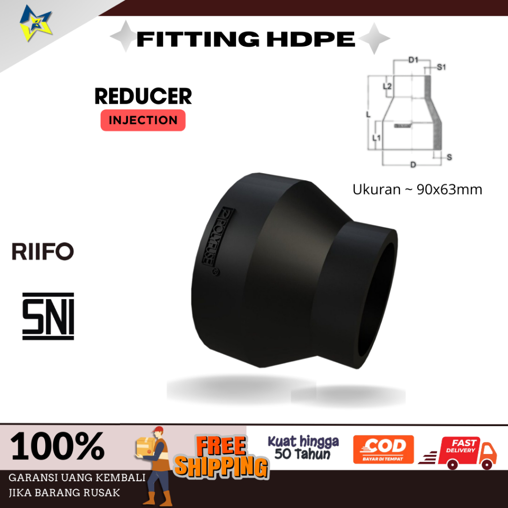 Jual Fitting HDPE Injection Moulding Reducer PN16 90mm x 63mm ~ 3