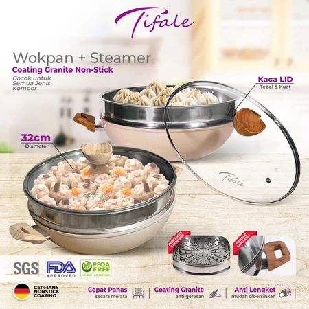 Tifale [2IN1] Wokpan Diameter 32cm + Glass Lid + Granite Steamer Non Stick