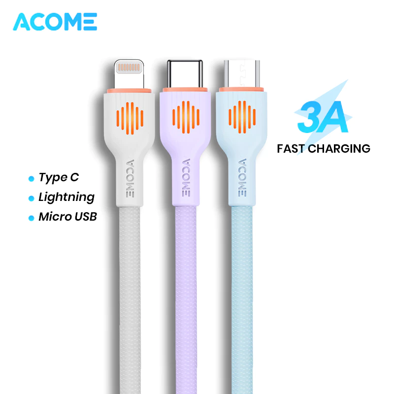 ACOME Kabel Data Seri AS-100S New Lightning Type C Micro USB 1 Meter Cable RGB  AiC Fast Charging Garansi Resmi 1 Tahun