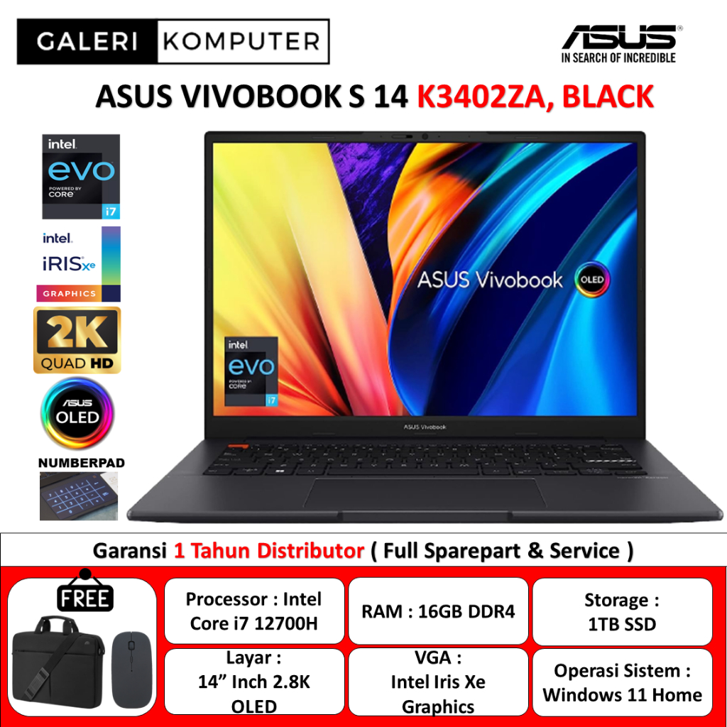 Jual Laptop Asus Vivobook Oled S14 K3402za Intel Evo I7 12700h 16gb 1tb Ssd Iris Xe 14 28k 2931