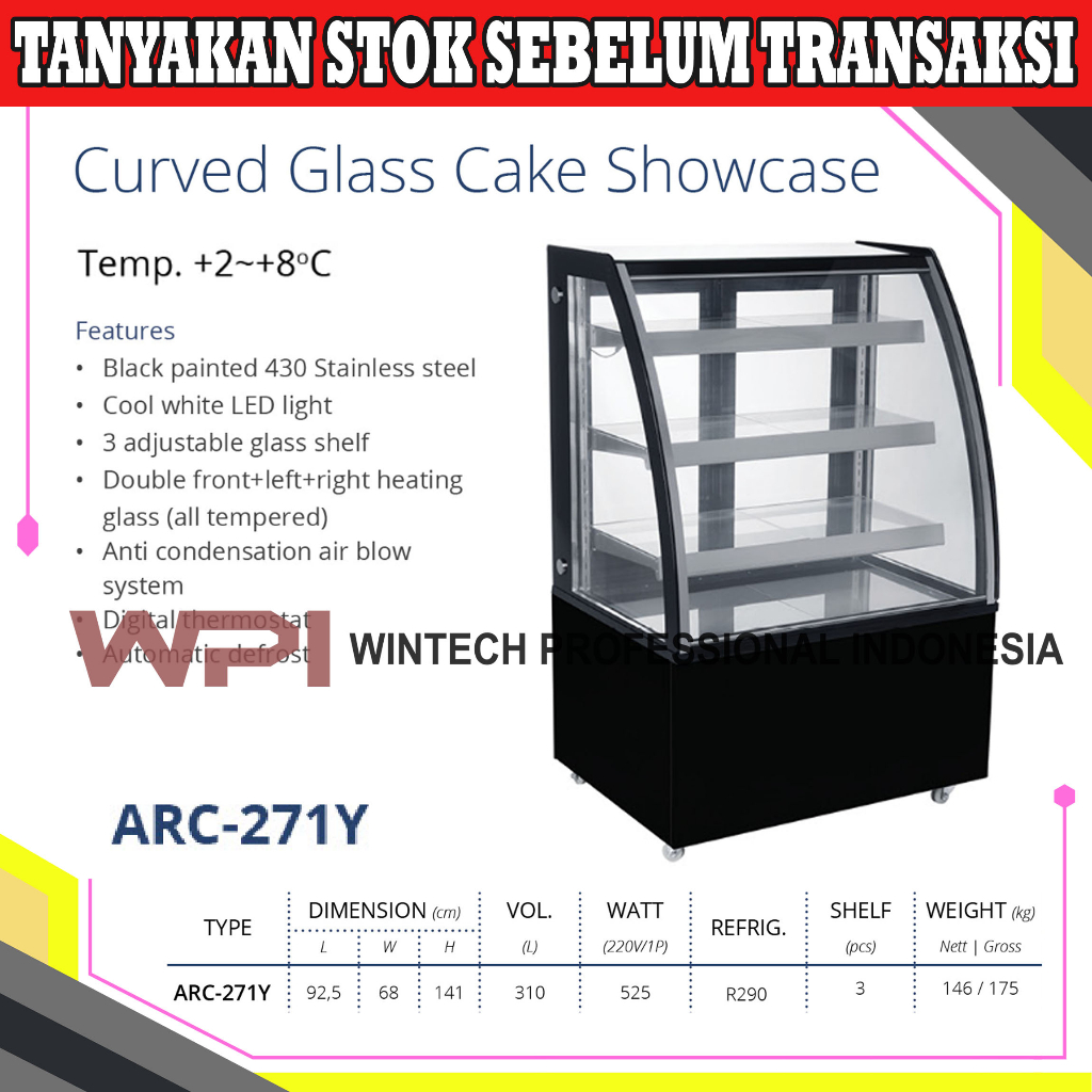 Jual Gea Arc Y Curved Glass Cake Showcase Lemari Display Pendingin Kue Kaca Cembung Free