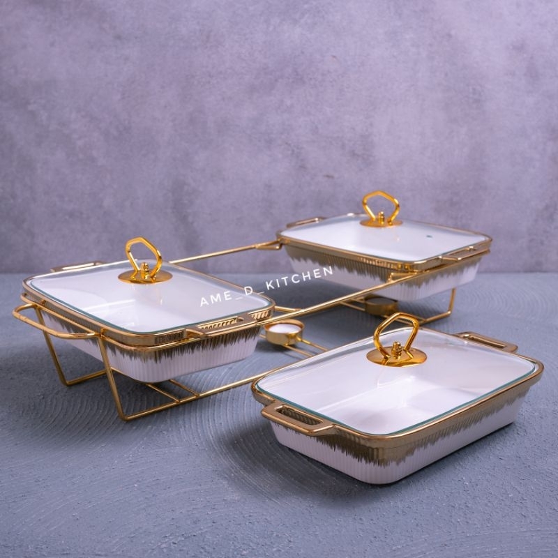 Jual 7 pcs Deluxe Square Casserole lining gold with rack/Food warmer ...