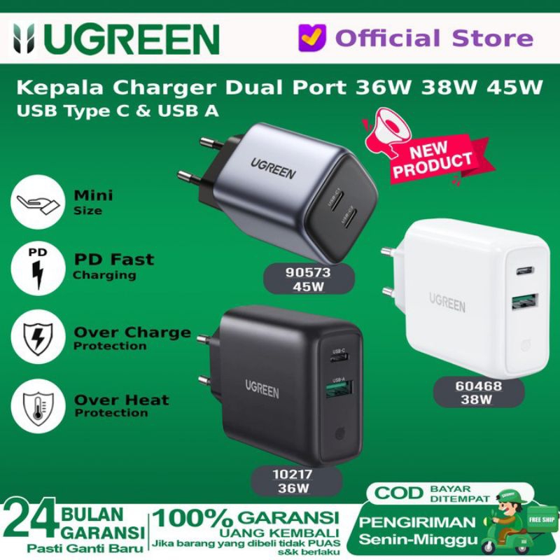 Jual UGREEN Kepala Charger Dual Port USB A USB Type C Fast Charging 36W ...