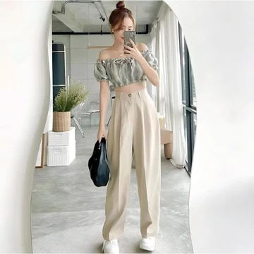 Loose Pants Trousers Wanita Highwaist Celana Kulot Kantor Anti Kusut Bahan Polyester BY Roliz