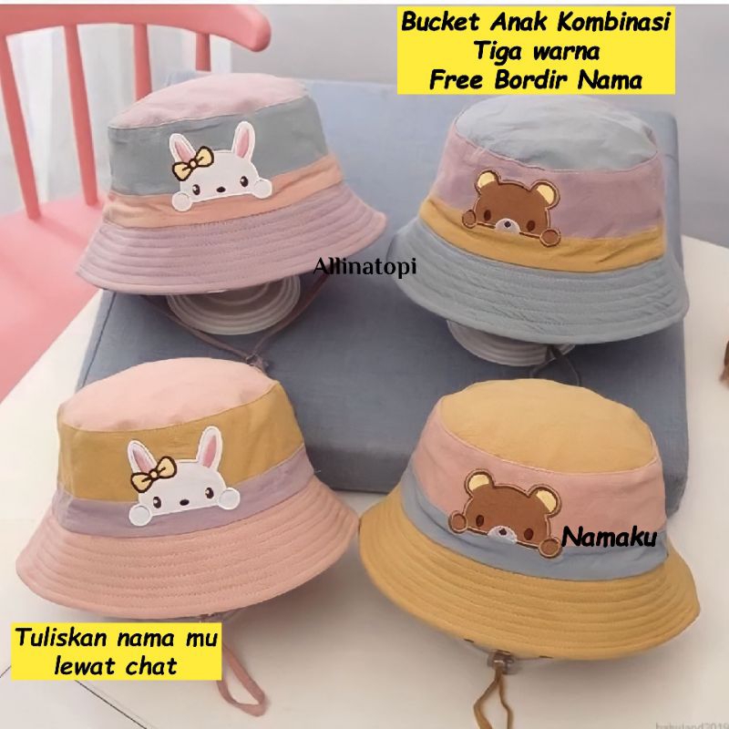 Bucket Hat Anak Perempuan Laki Laki Bordir Cute Bolak Balik Dino