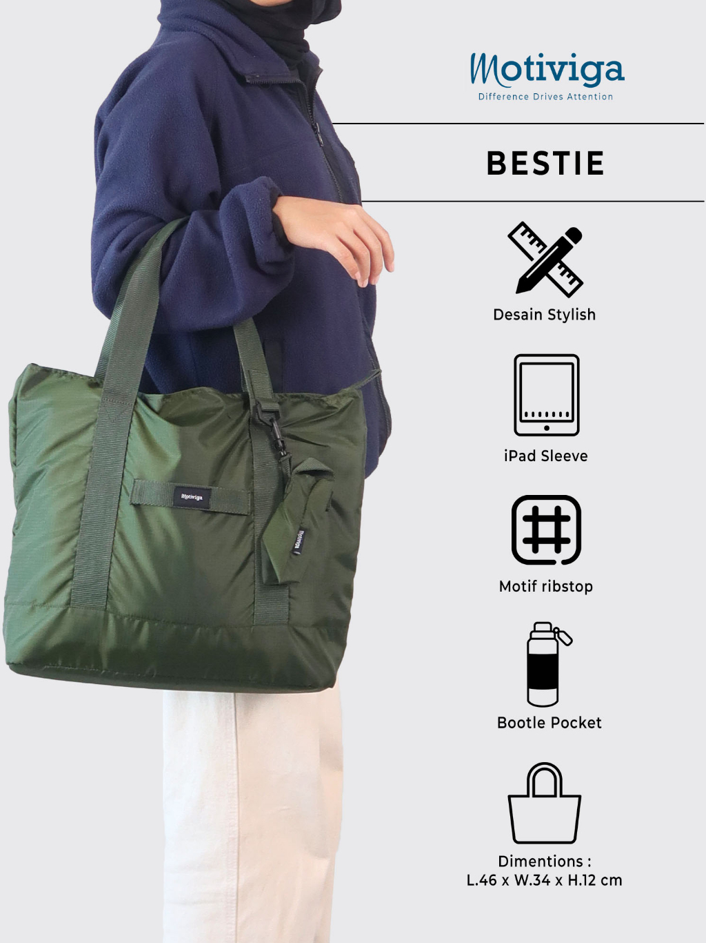Jual Motiviga Tas Totebag Jinjing Unisex Bestie Olive | Shopee Indonesia