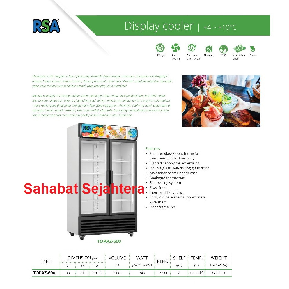 Jual RSA Display Cooler TOPAZ-600IC Kulkas Showcase 2 Pintu | Shopee ...