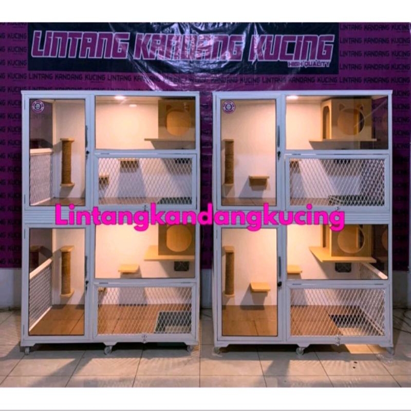 Jual Kandang Rumah Untuk Kucing Bahan Alumunium Warna Putih Full Lampu Playground Tingkat