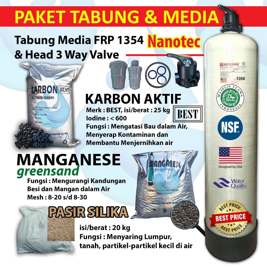 Jual Paket Tabung Media FRP 1354 Nanotec + Head 3 Way Valve + Pasir