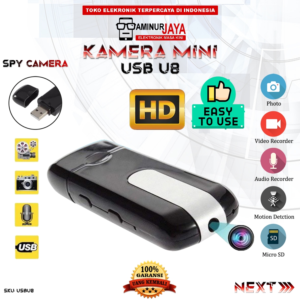 Spycam Camera U DIsk USB U8 Kamera Spy HD 720P Camera Mini CCTV Tersembunyi Model USB Flashdisk Aksesoris Laptop Komputer PC Original Mini DVR Digital Camera Motion Detection Resolusi HD 720 Recording Vidio Poto Audio Recorder Kamera Kecil Unik Murah Ori