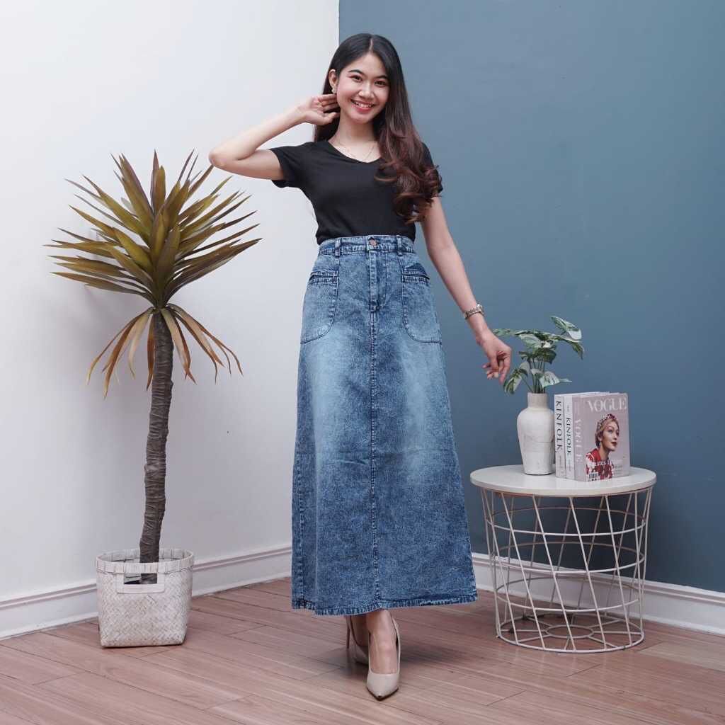 Jual Rok Jeans Skirt Panjang Rok Span Jeans Theana Rok Cargo Highwaist Snow Blue Black Rok 6111