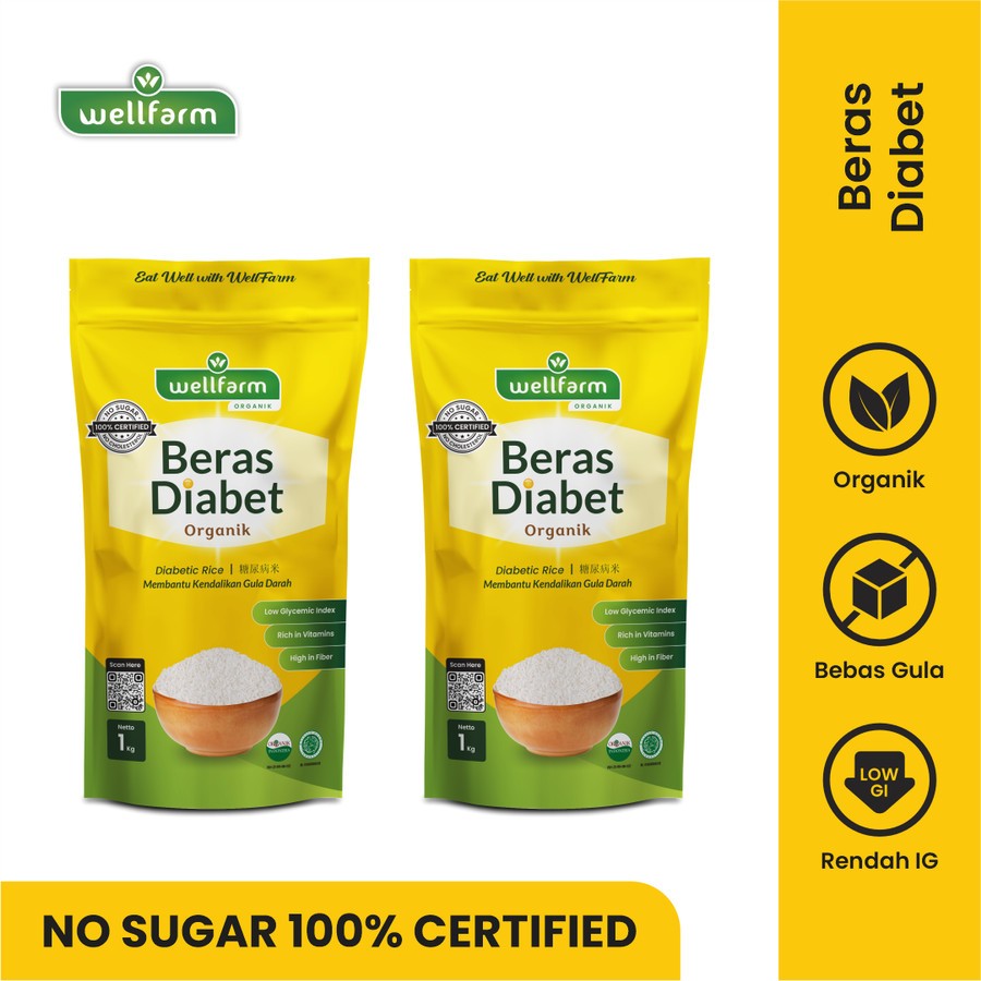 Beras Diabetes Organik Low GI Sugar Free 2Kg | WellFarm Beras Diabet Bundling 2Pcs