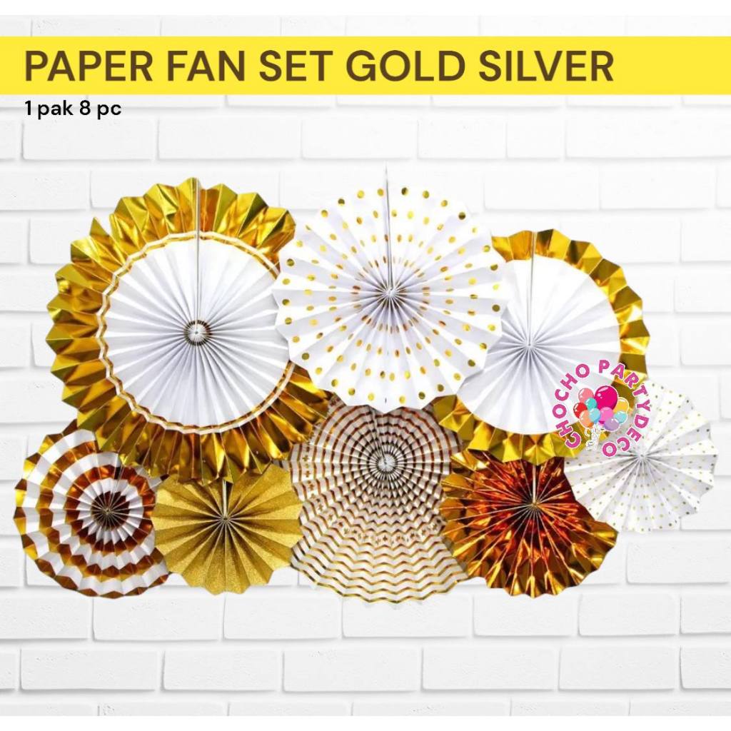 Jual PAPER FAN SET GOLD SILVER Isi 8 / Paper Fan Kertas Set Dekorasi