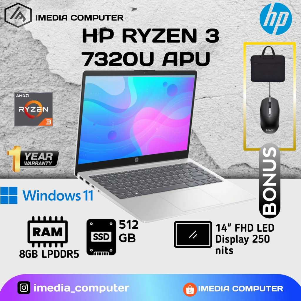 Jual HP 14S EM0032AU AMD Ryzen 3-7320U 8GB 512SSD W11+OHS FHD | Shopee ...