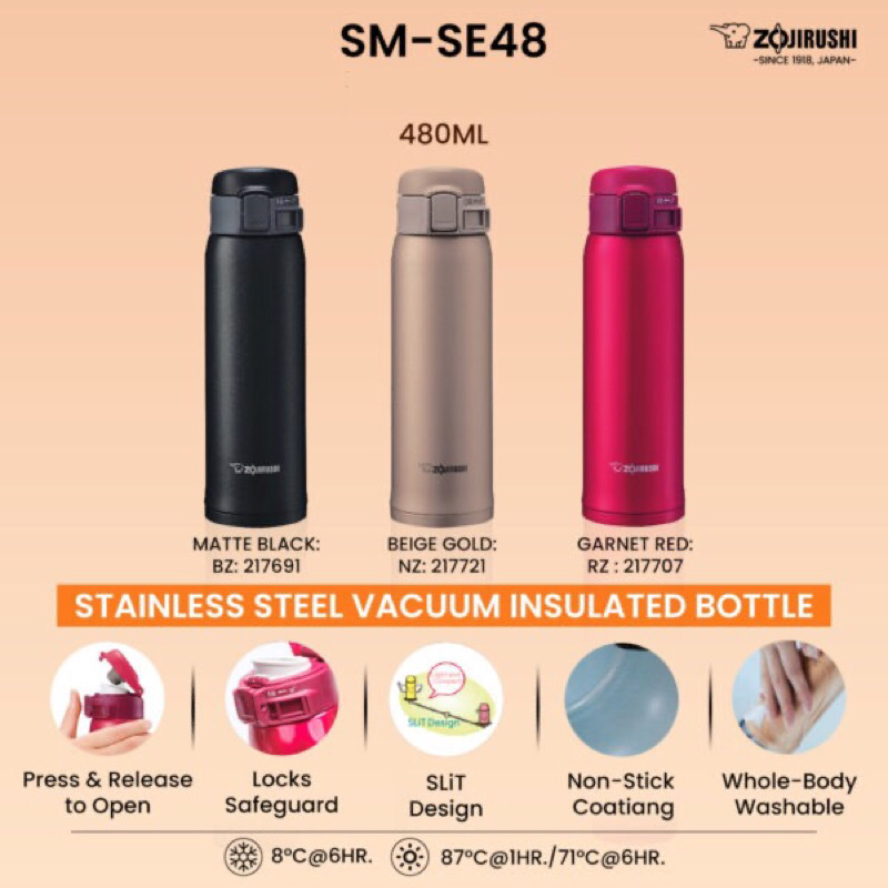 Jual Zojirushi Thermos Stainless Steel Mug One Touch SMSE48 480ml