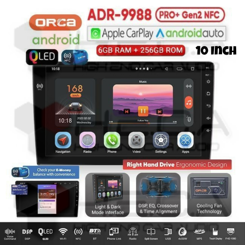 Jual ORCA ADR9988 PRO+ G2 NFC 10" 6/256 GB Head Unit Android +Dual Cam