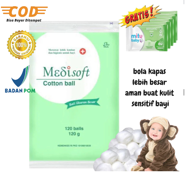Bola kapas Bayi Medisoft 120 balls TERMURAH , cotton balls, kapas pembersih wajah, cotton buds , original aman BPOM, pembersih bayi Gratis tissue basah