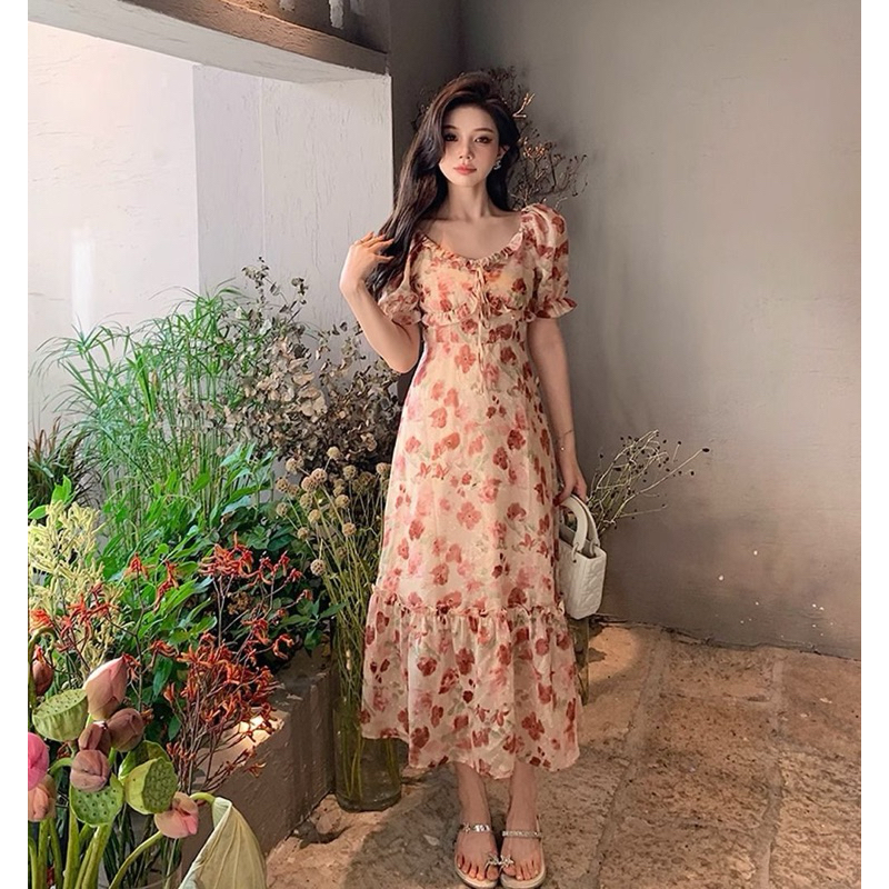 Jual Oditipan Dress Floral Vintage Korean Summer Spring Beach Sweet Street Holiday Casual Flower Orange Peach Midi Sabrina Gaun Wanita Retro Pantai Bunga Shopee Indonesia
