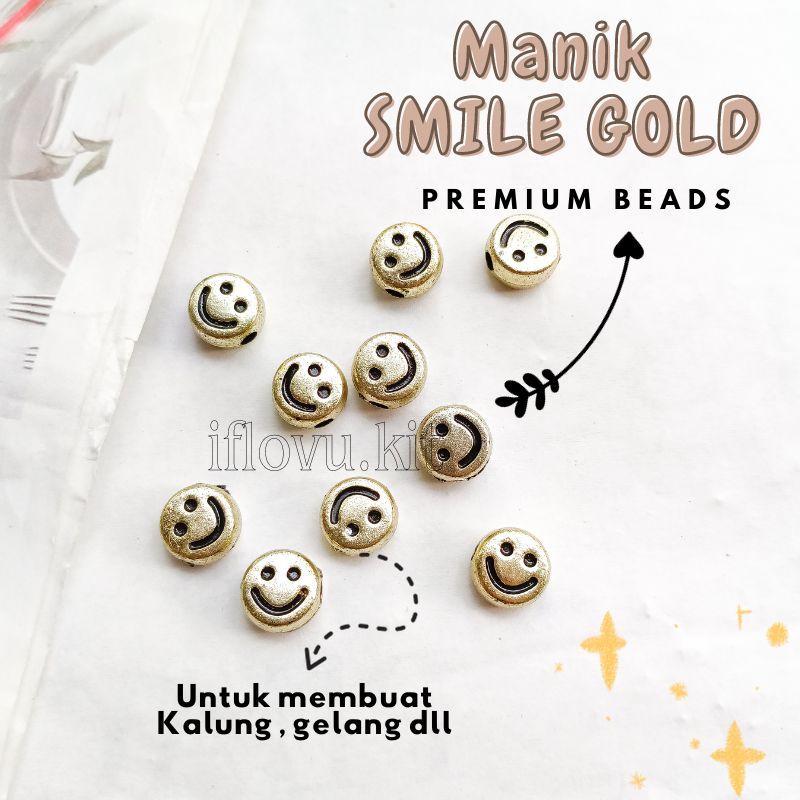 Jual Manik Manik Mote Smile Gold Emas untuk DIY manik manik Gelang ...