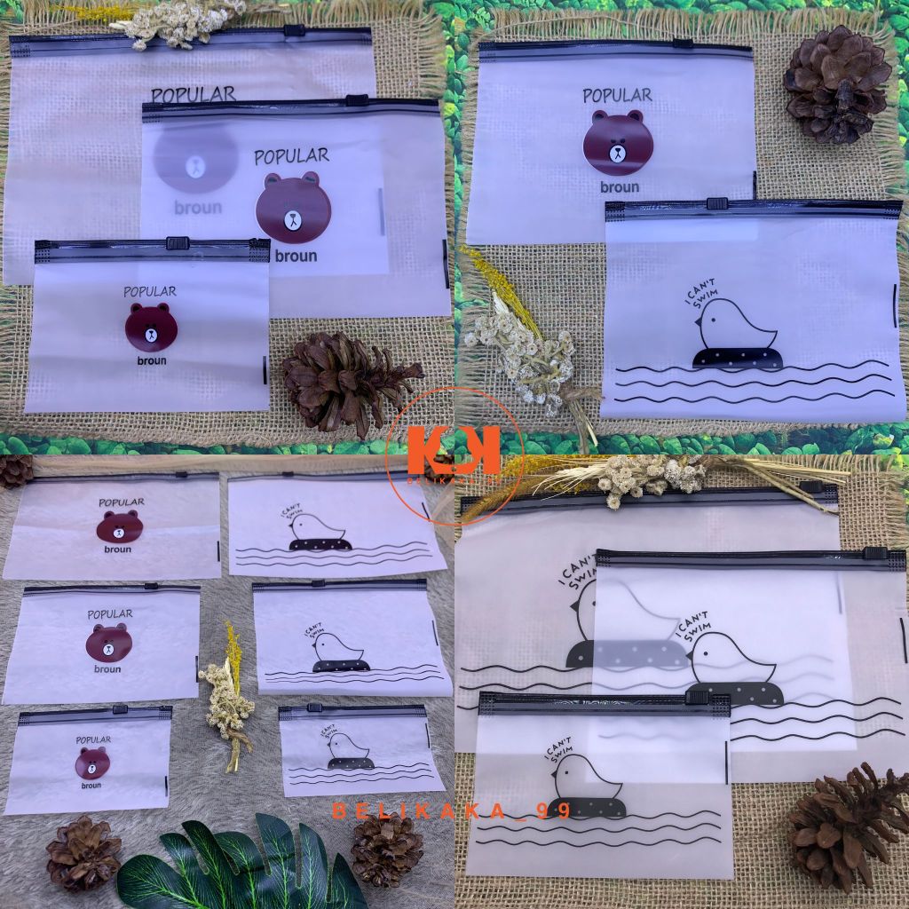 POUCH MULTIFUNGSI SERBAGUNA TRANSPARAN MOTIF BURUNG DAN BROUN / ZIPPER BAG ORGANIZER TRANSPARAN
