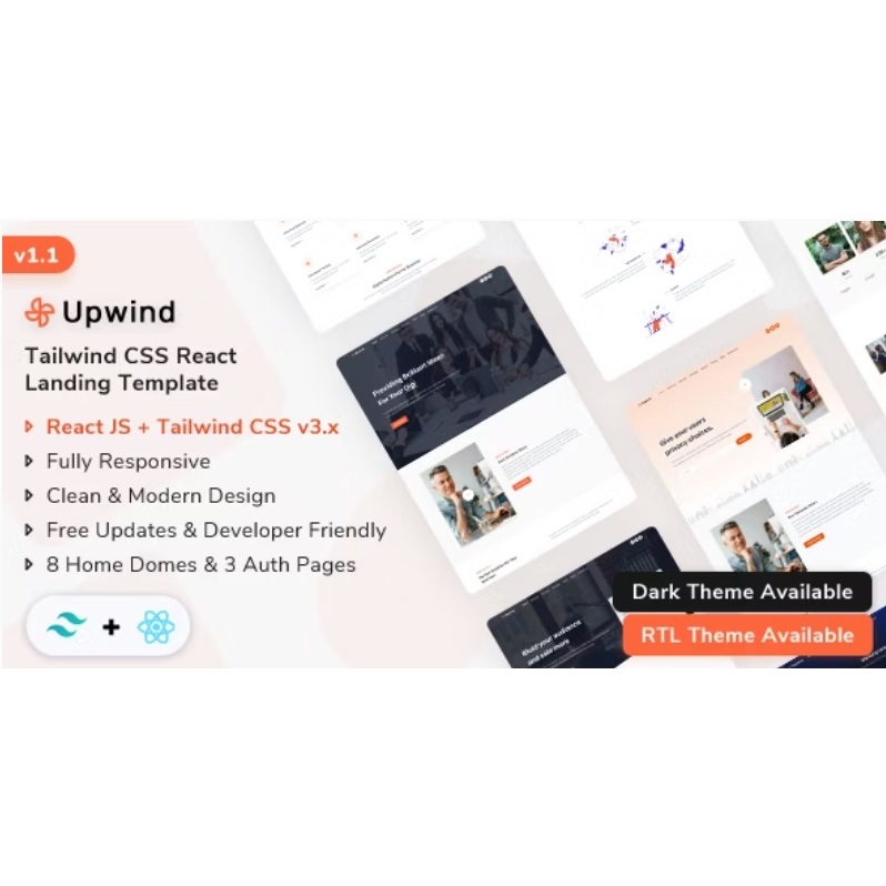 Jual Upwind v1.1 - Tailwind CSS React Premium Landing Page Web Template ...