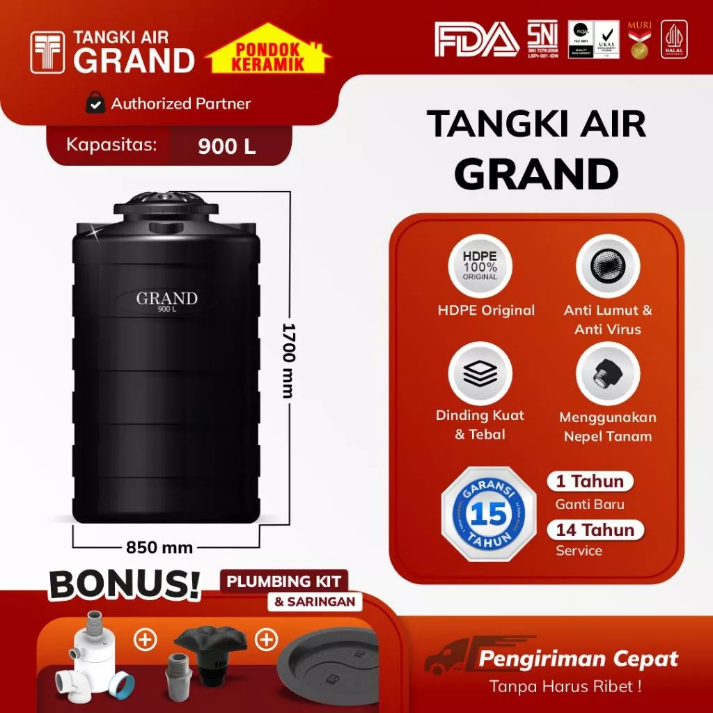 Tandon Toren Tangki Air Tedmond Grand 900 L Anti Lumut & Sertifikasi Halal Pertama di Indonesia Garansi 15 Tahun