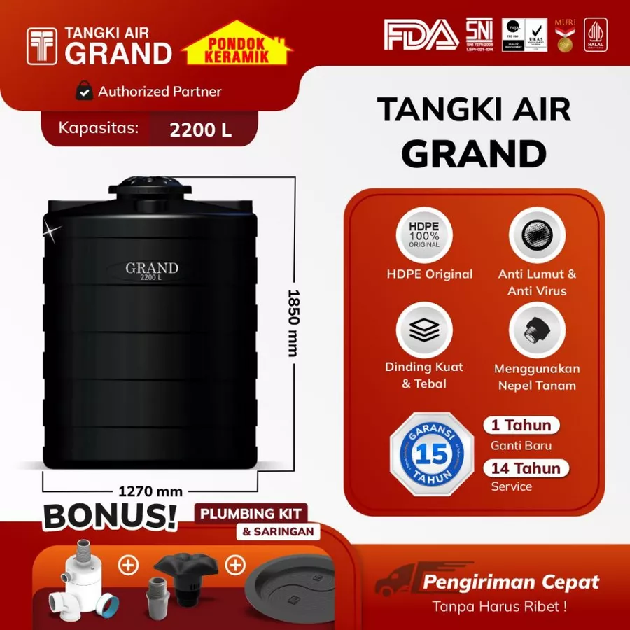 Tandon Toren Tangki Air Tedmond Grand 2200 L Anti Lumut & Sertifikasi Halal Pertama di Indonesia Garansi 15 Tahun