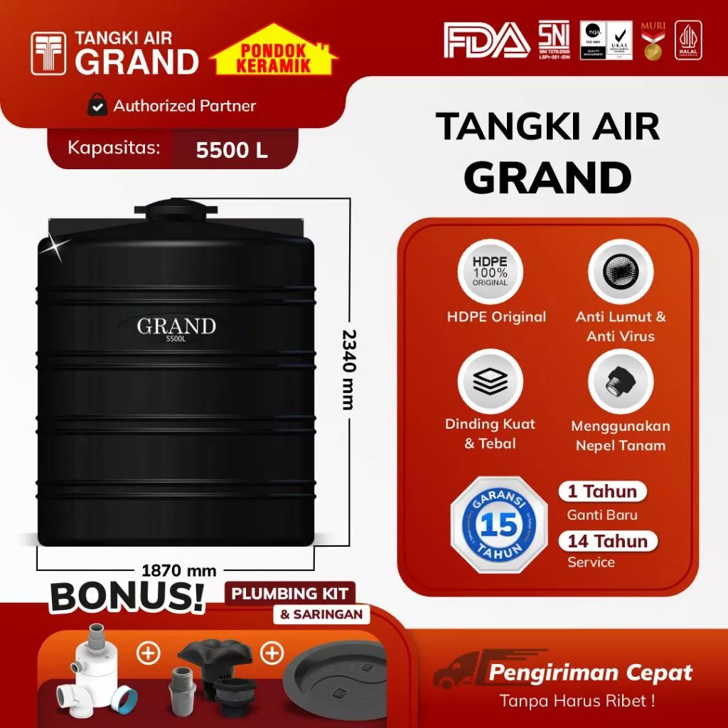 Tandon Toren Tangki Air Tedmond Grand 5500 L Anti Lumut & Sertifikasi Halal Pertama di Indonesia Garansi 15 Tahun