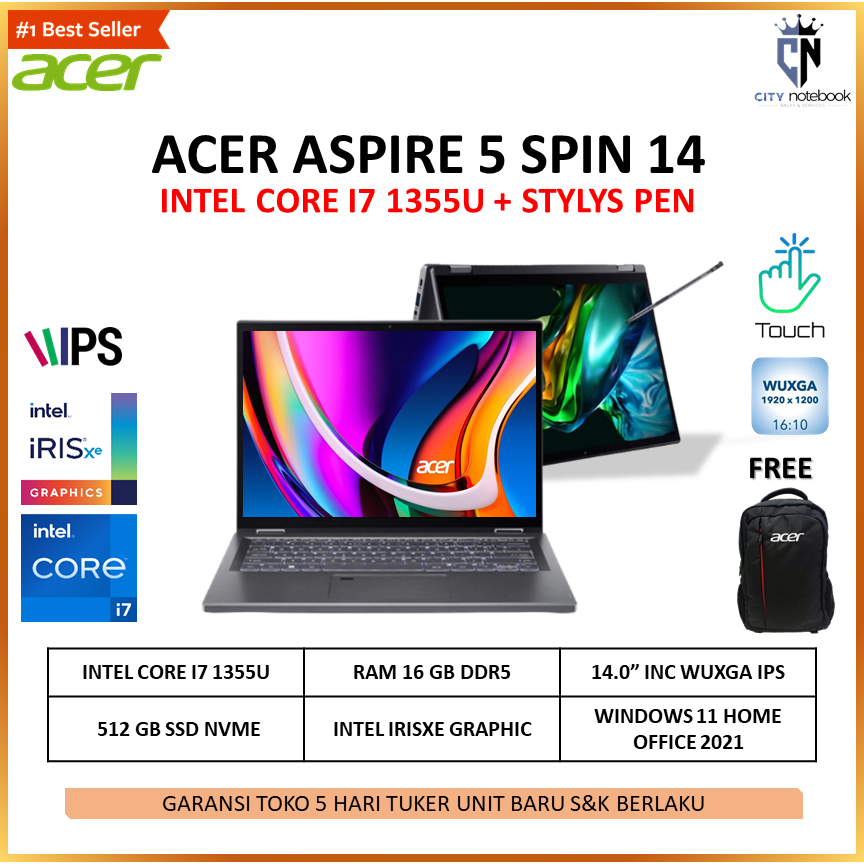 Jual ACER ASPIRE 5 SPIN A5SP14 TOUCH I7 1355U 16GB 512GB SSD W11 OHS 14 ...