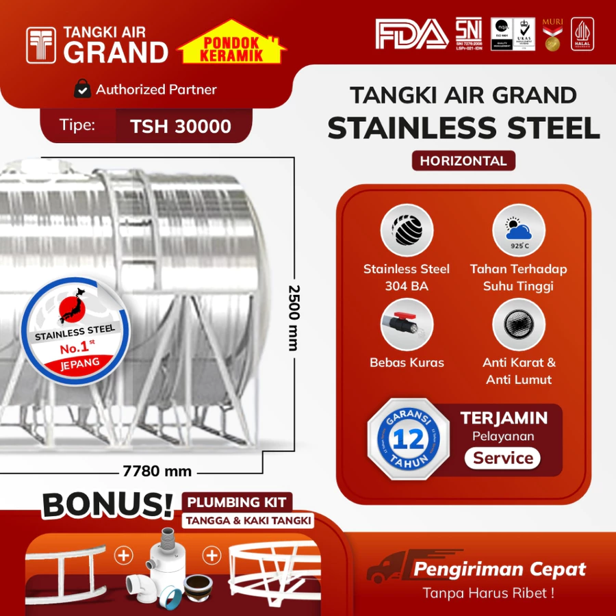 Toren Tangki Air Tandon Stainless Horizontal Tedmond Grand TSH 30000 Anti Lumut & Sertifikasi Halal Pertama di Indonesia Garansi 12 Tahun
