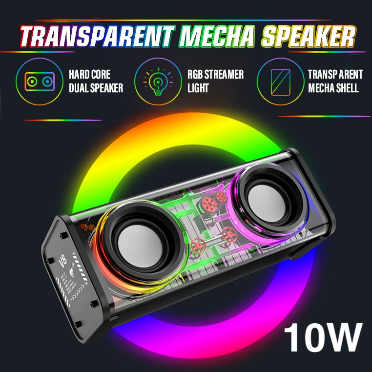 Jual V8 Powerful Bass 10W Transparent Mech Bluetooth Speaker LED