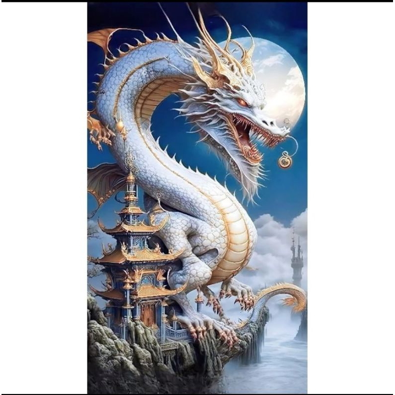 Jual Hiasan dinding lukisan cetak gambar naga putih plus bingkai ukuran