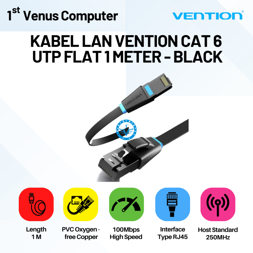 Jual Kabel LAN Vention Cat 6 UTP FLAT Black / Vention Kabel Lan Cat6 ...