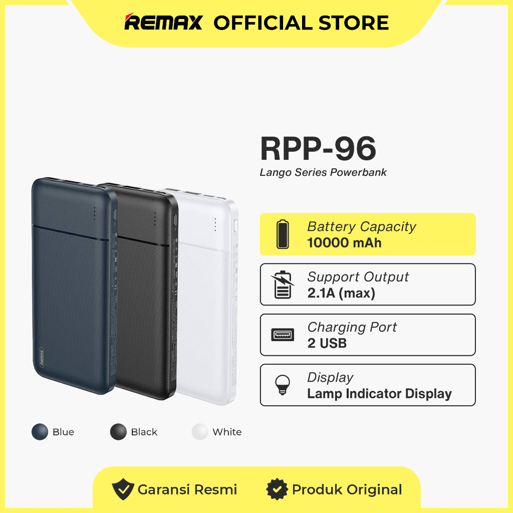 Jual Remax Powerbank 10000mAh 2.1A RPP 96 Lango Series | Shopee Indonesia